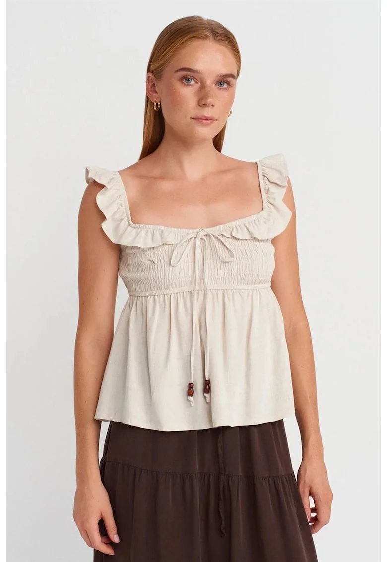 Bluza dama,  fara maneci, volanase, oatmeal natural, 70% viscoza, 30% in