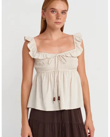 Bluza dama,  fara maneci, volanase, oatmeal natural, 70% viscoza, 30% in