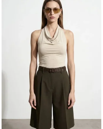 Bluza dama,  fara maneci, elegant, bej natural, tencel si elastan