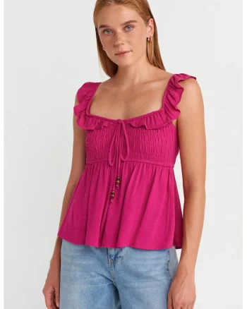 Bluza dama,  bluza fara maneci, volanase, roz aprins, 70% viscoza, 30% in