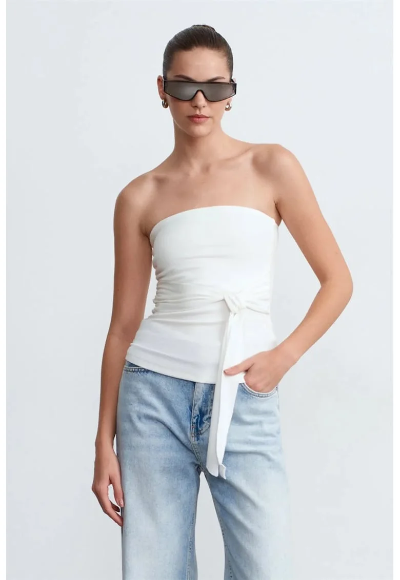 Bluza dama,  bluza slim-fit fara bretele, alb, bumbac-modal-elastan