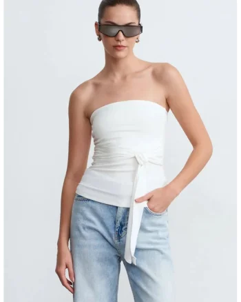 Bluza dama,  bluza slim-fit fara bretele, alb, bumbac-modal-elastan