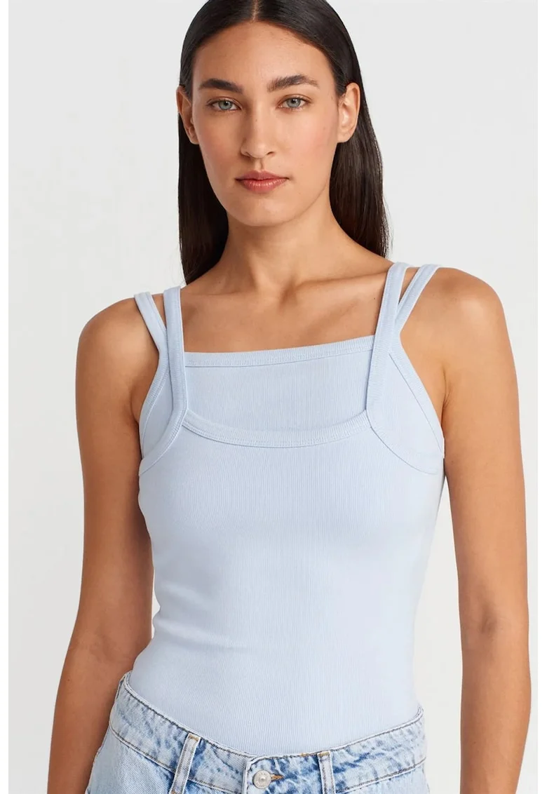 Bluza dama,  bluza fara maneci, guler patrat, albastru deschis, fabricat din material de calitate