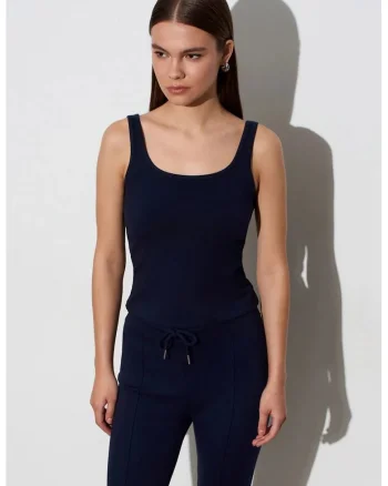 Bluza dama,  Bluza din jerseu fara maneci, elastic, albastru marin, 95% bumbac