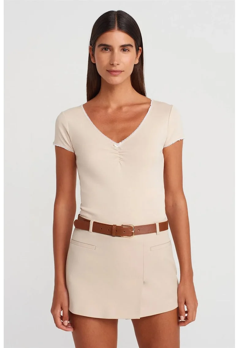 Bluza crop,  bumbac, volane, bej natural, casual