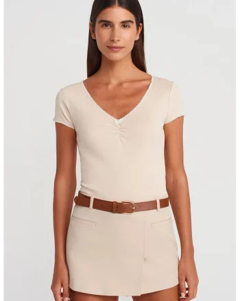 Bluza crop,  bumbac, volane, bej natural, casual