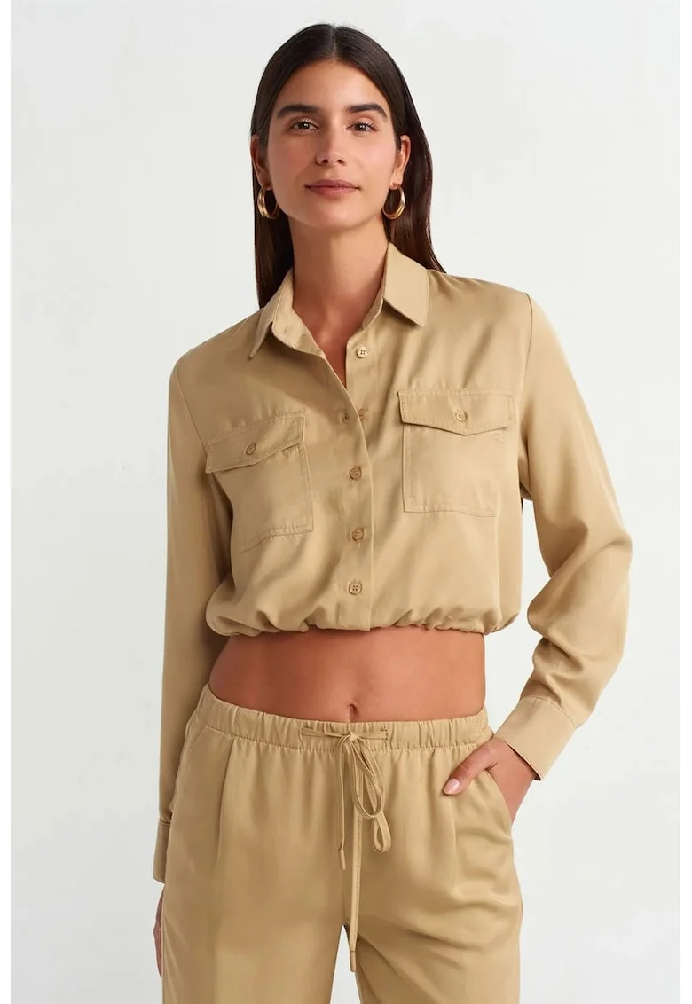 Bluza dama,  camasa crop, maneci lungi, maro camel, 100% Tencel