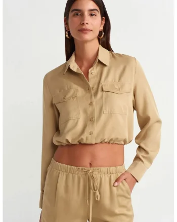 Bluza dama,  camasa crop, maneci lungi, maro camel, 100% Tencel