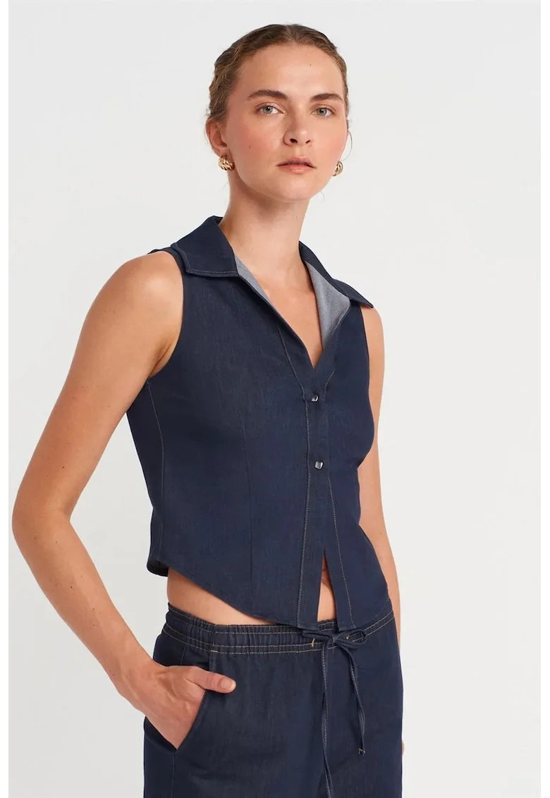 Camasi dama,  camasa scurta fara maneci, casual, albastru marin, poliester-viscoza-elastan