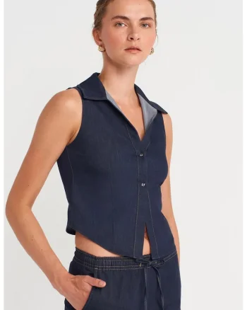 Camasi dama,  camasa scurta fara maneci, casual, albastru marin, poliester-viscoza-elastan