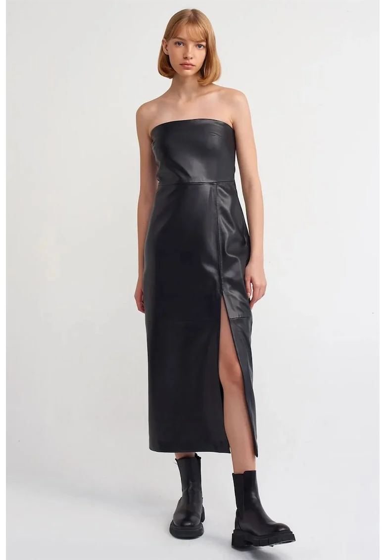 Rochie Midi,  Eleganta, Negru, Piele Ecologica, Fara Bretele