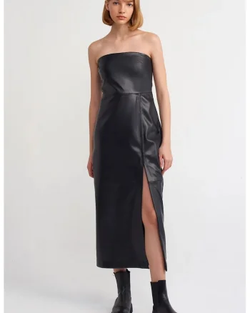Rochie Midi,  Eleganta, Negru, Piele Ecologica, Fara Bretele