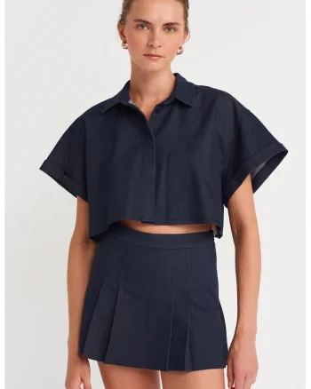 Camasi dama,  camasa scurta bleumarin, casual, lejer, cu nasturi, 63% poliester