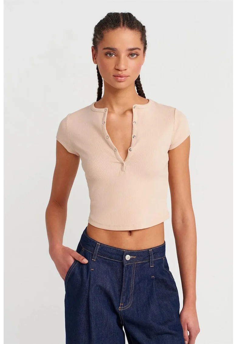 Bluza dama,  crop slim-fit, decolteu rotund, bej natural, bumbac cu elastan