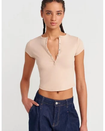 Bluza dama,  crop slim-fit, decolteu rotund, bej natural, bumbac cu elastan