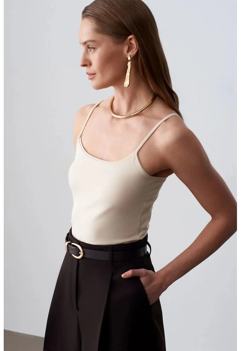 Bluza dama,  Bluza fara maneci, croiala slim, crem natural, jerseu