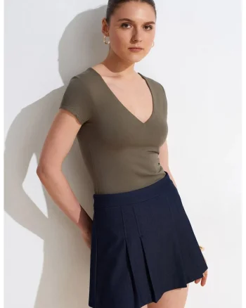 Bluze, Femei, Bluza tricotata Slim Fit cu decolteu in V, Verde Kaki,
