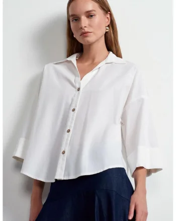 Camasi dama,  camasa din poplin de bumbac, croiala lejera, alb