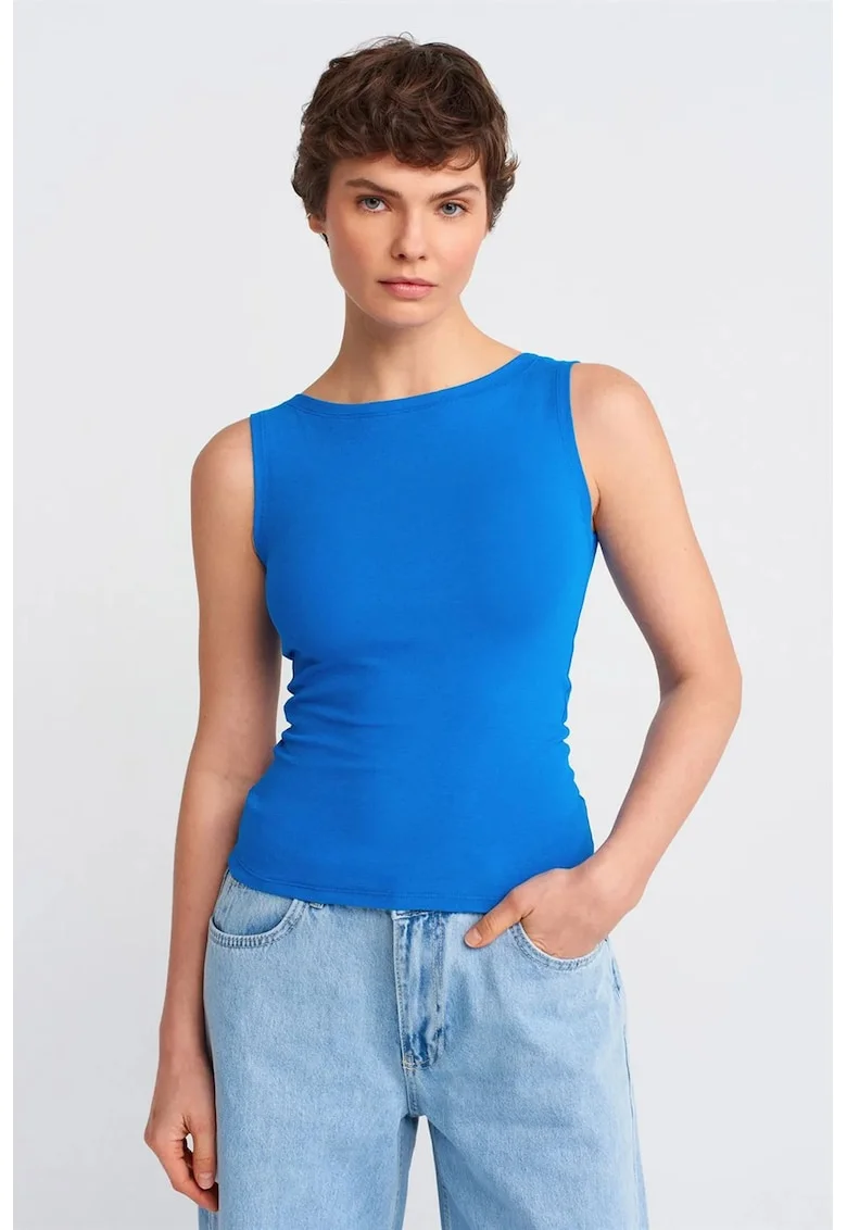 Bluza dama,  fara maneci, slim-fit, albastru cobalt, bumbac-elastan