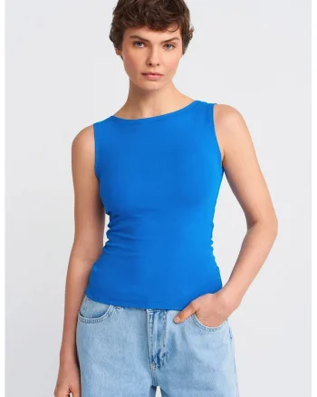 Bluza dama,  fara maneci, slim-fit, albastru cobalt, bumbac-elastan