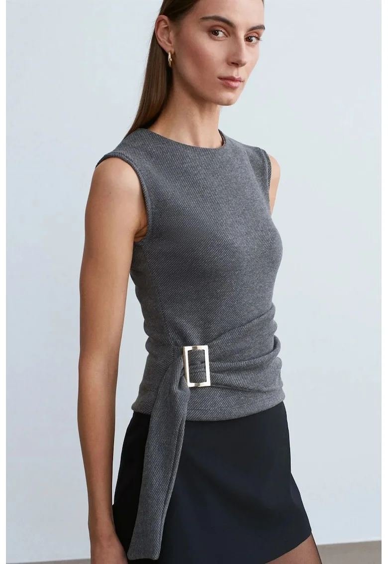 Bluza dama,  fara maneci, gri antracit, casual, cu cordon, poliester-bumbac-elastan