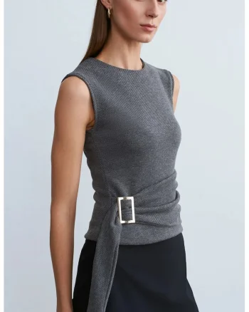 Bluza dama,  fara maneci, gri antracit, casual, cu cordon, poliester-bumbac-elastan