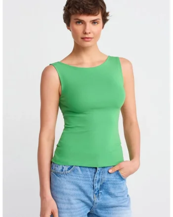 Bluza dama,  fara maneci, croiala slim-fit, verde, bumbac elastan
