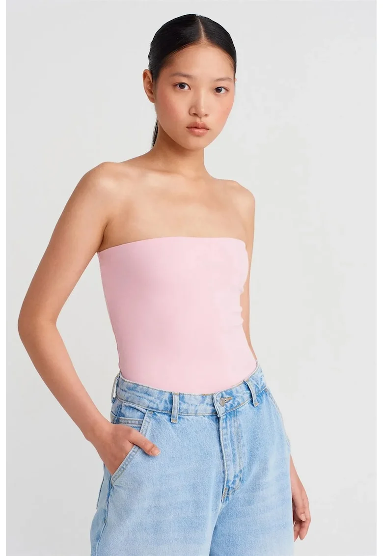 Bluza dama,  tip bandeau, slim-fit, roz pudrat, bumbac
