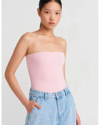 Bluza dama,  tip bandeau, slim-fit, roz pudrat, bumbac