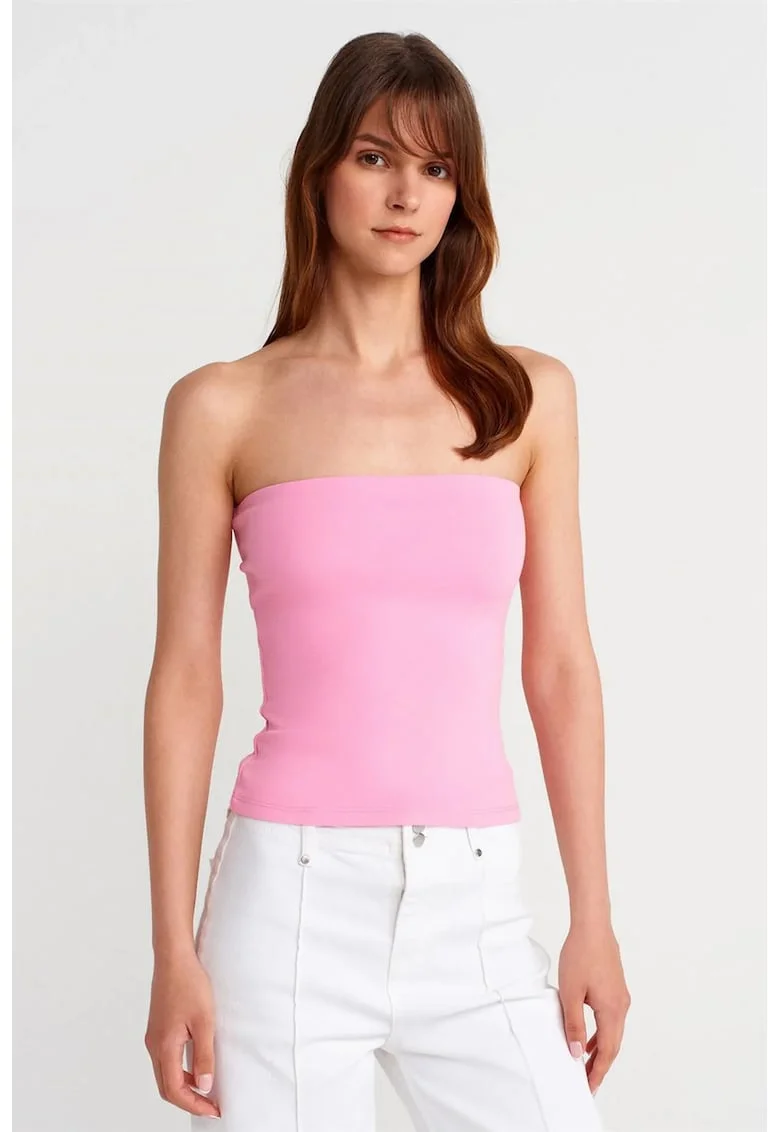 Bluza dama,  tip bandeau, slim-fit, roz aprins, bumbac, poliester, elastan