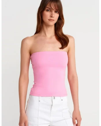 Bluza dama,  tip bandeau, slim-fit, roz aprins, bumbac, poliester, elastan