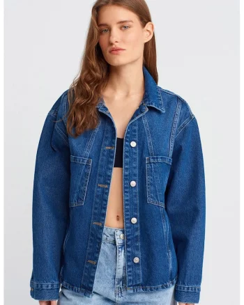 Camasa dama,  denim albastru mediu, supradimensionata, bumbac 100%