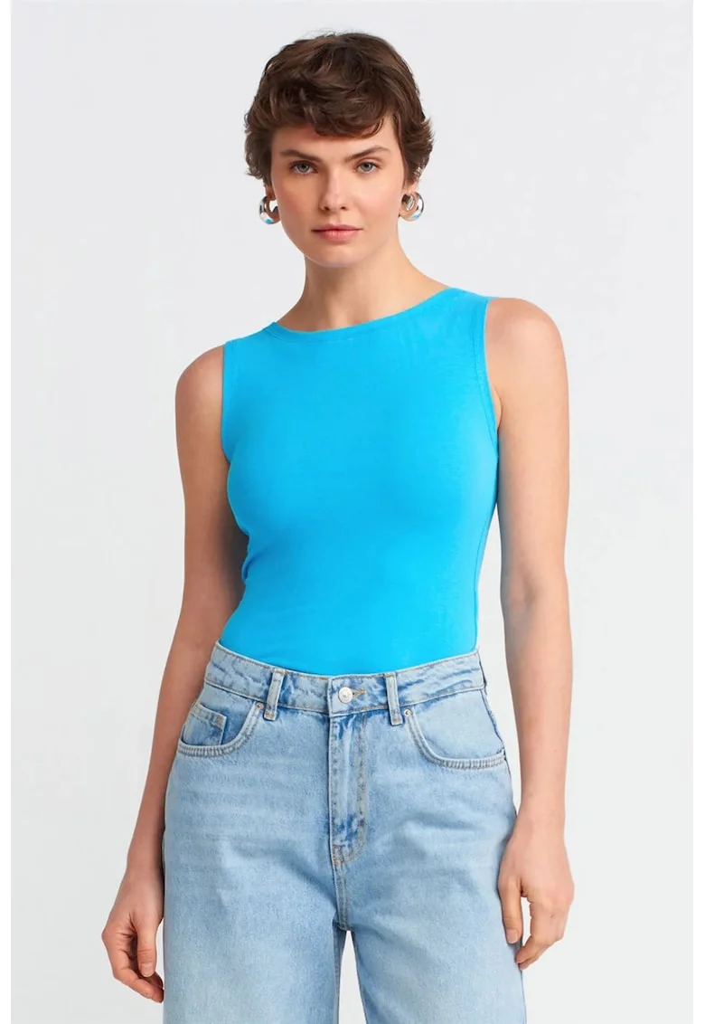 Bluza dama,  bluza fara maneci, croiala slim-fit, albastru cerulean, bumbac elastan