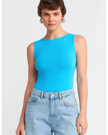 Bluza dama,  bluza fara maneci, croiala slim-fit, albastru cerulean, bumbac elastan