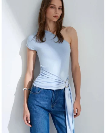 Bluza dama,  slim fit, decolteu asimetric, detaliu cu snur, Albastru deschis, amestec lyocell-bumbac-elastan