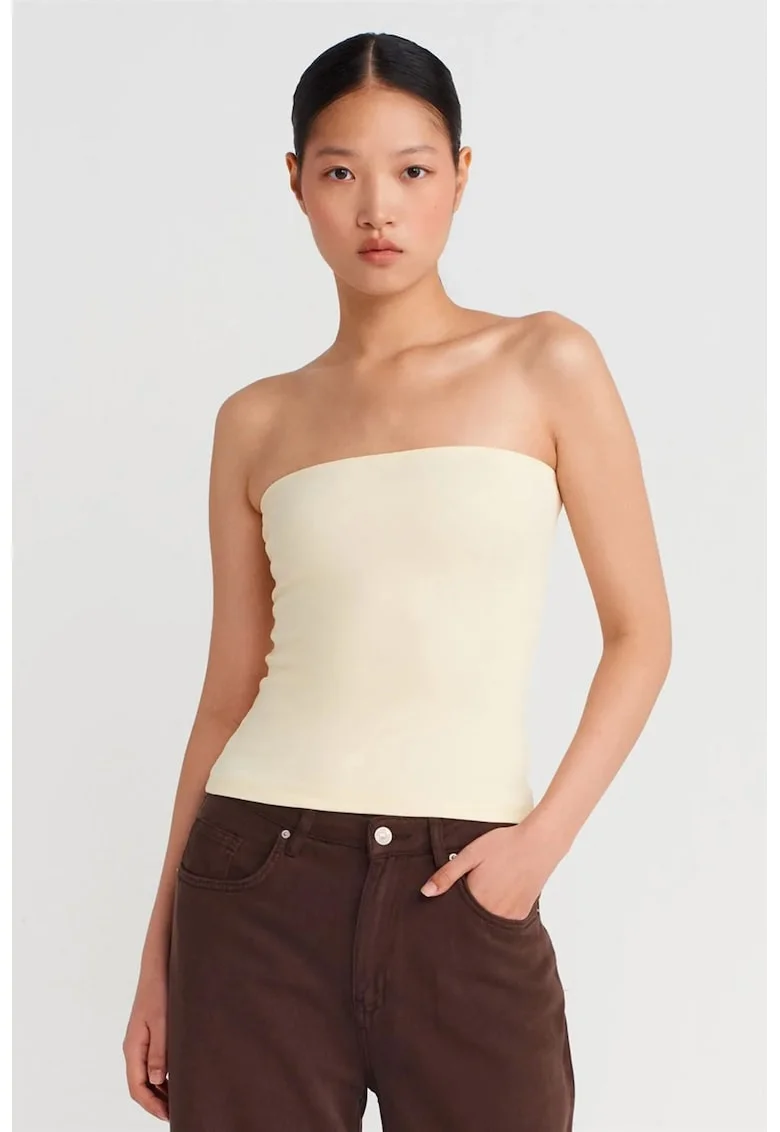 Bluza dama,  tip bandeau, croiala slim-fit, Crem, amestec bumbac-poliester-elastan