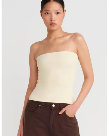 Bluza dama,  tip bandeau, croiala slim-fit, Crem, amestec bumbac-poliester-elastan