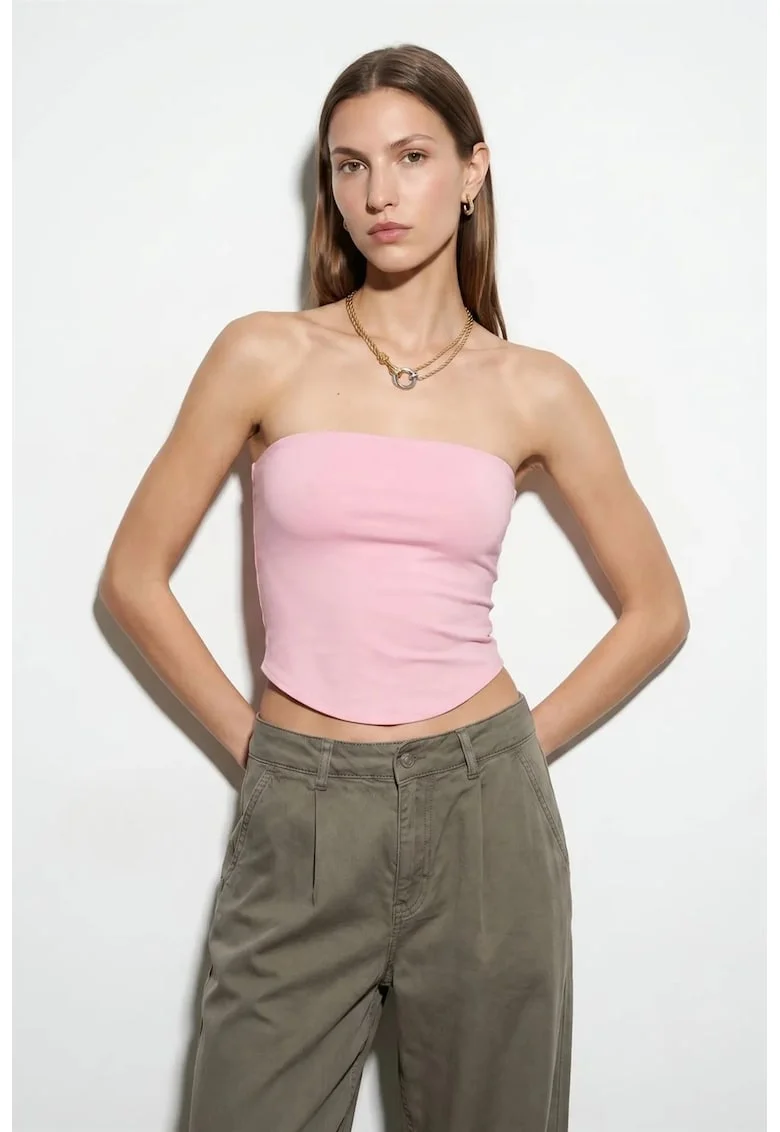 Bluza crop,  bandeau, elastic, roz pudrat, lyocell, bumbac, elastan