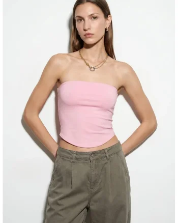 Bluza crop,  bandeau, elastic, roz pudrat, lyocell, bumbac, elastan