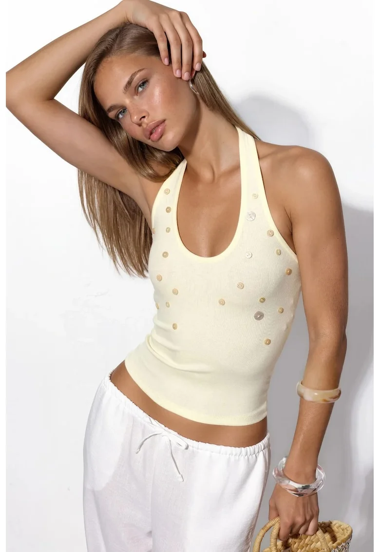 Bluza dama  fara maneci, slim fit, crem, broderie, tricot din modal, bumbac si elastan