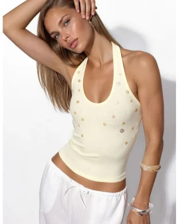 Bluza dama  fara maneci, slim fit, crem, broderie, tricot din modal, bumbac si elastan