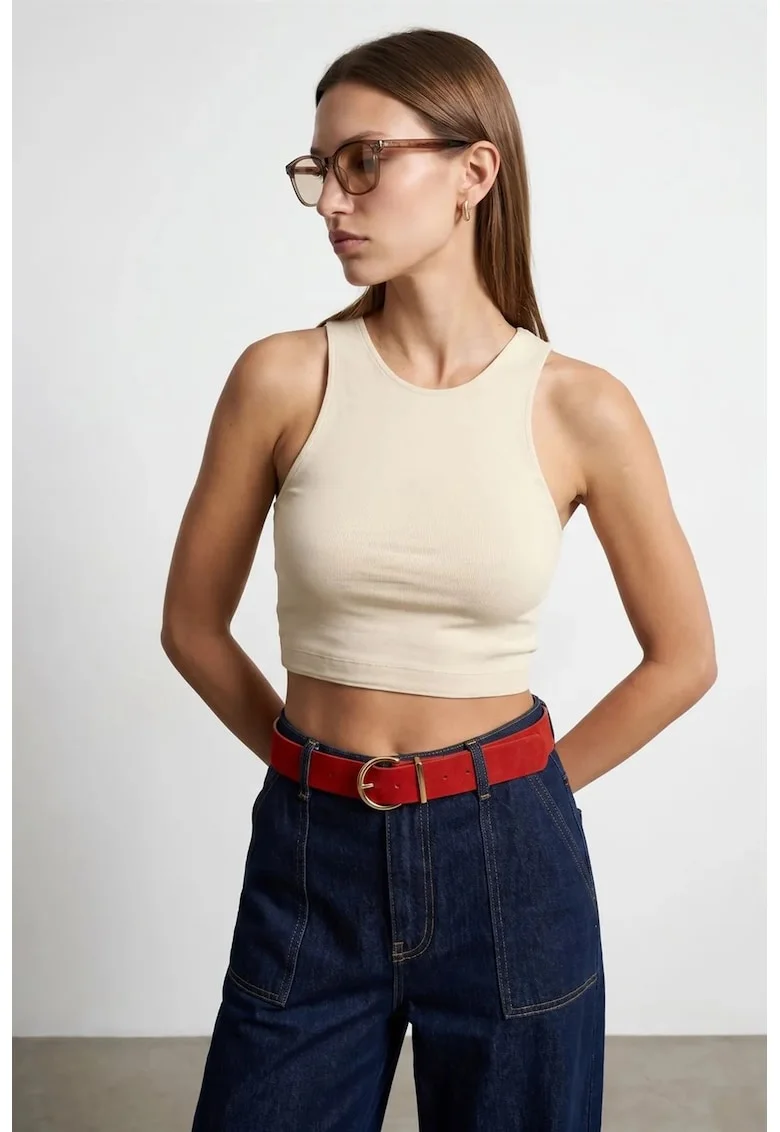 Bluza dama,  crop, fara maneci, crem, tricotata