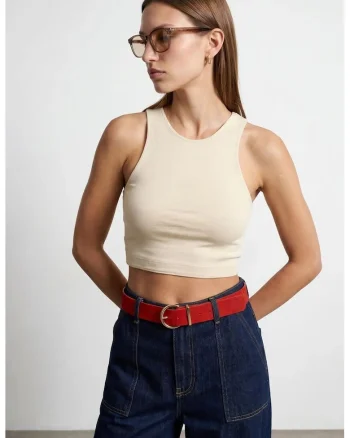 Bluza dama,  crop, fara maneci, crem, tricotata