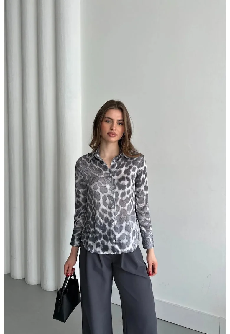 Camasa dama,  camasa cu imprimeu leopard, gri, poliester, maneca lunga
