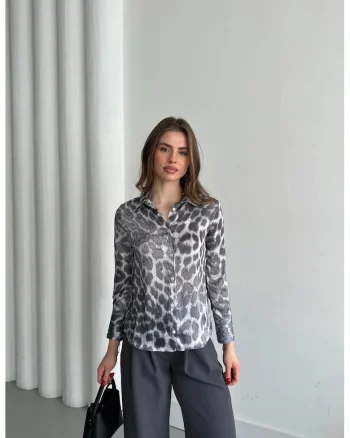 Camasa dama,  camasa cu imprimeu leopard, gri, poliester, maneca lunga