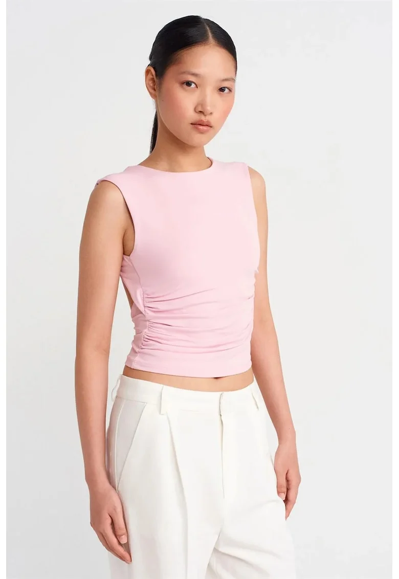 Bluza crop  slim-fit, decupaj, roz pudrat, tricot din nailon si elastan