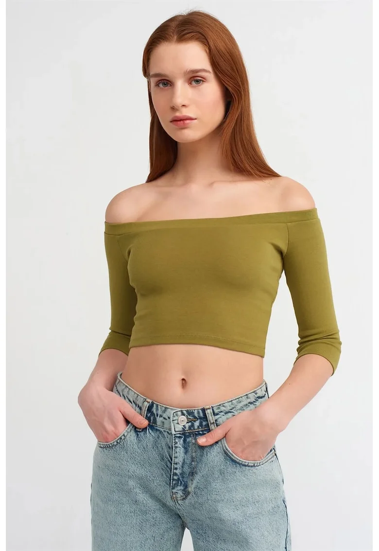 Bluza crop,  umeri goi, elasticitate, verde, bumbac cu elastan