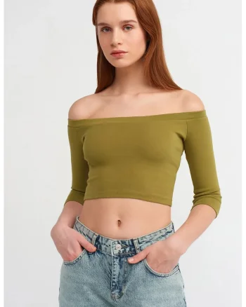 Bluza crop,  umeri goi, elasticitate, verde, bumbac cu elastan