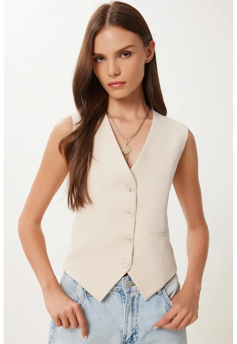 Vesta scurta, Happiness Istanbul, casual, crem, bumbac si poliester, cu nasturi