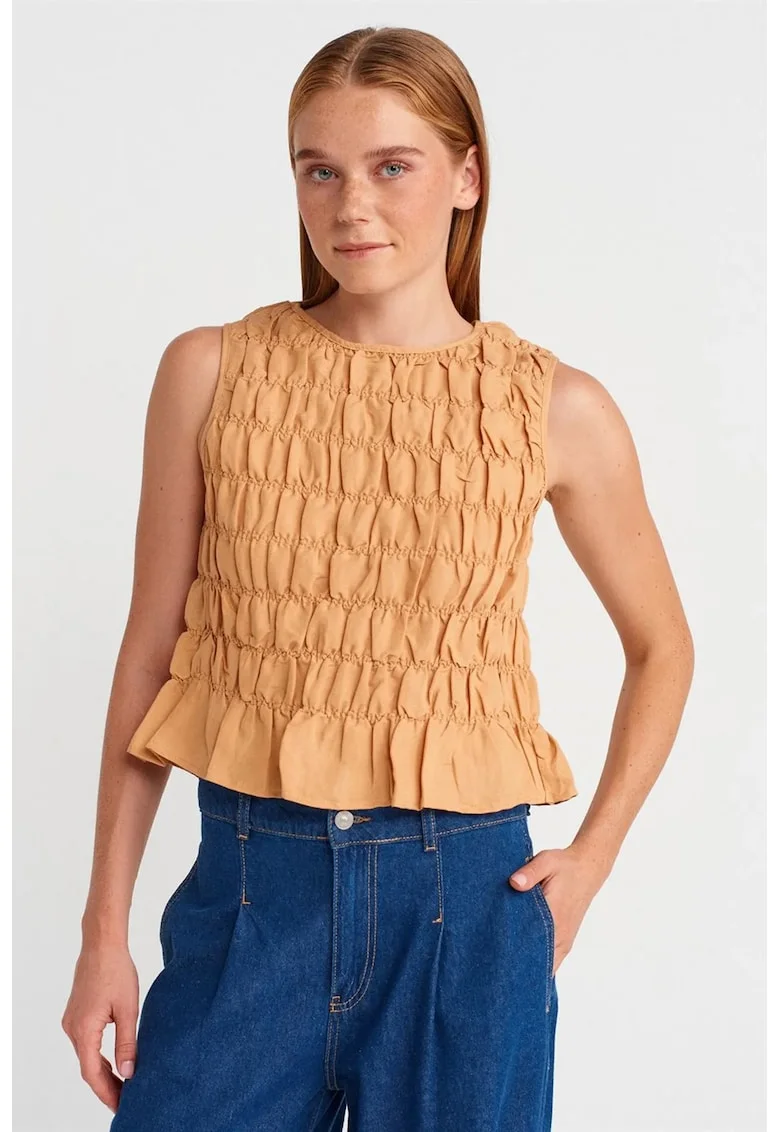 Bluza scurta dama  casual, maro camel, amestec viscoza-bumbac-in, fara maneci